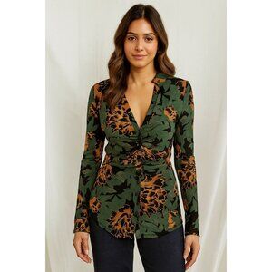 Free People Green & Orange Floral Print Button-Down Blouse - Medium